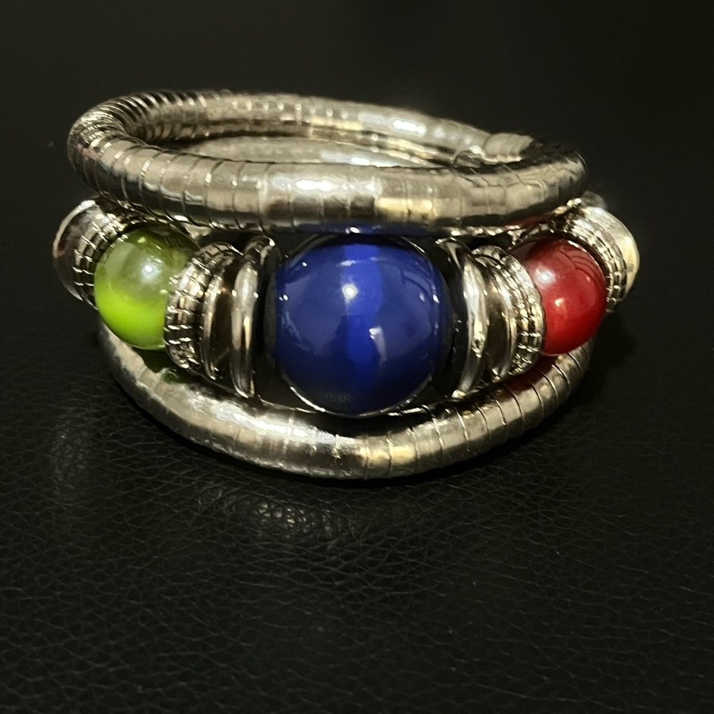 Silver Beaded Bracelet with Blue, Red, and Green Accents